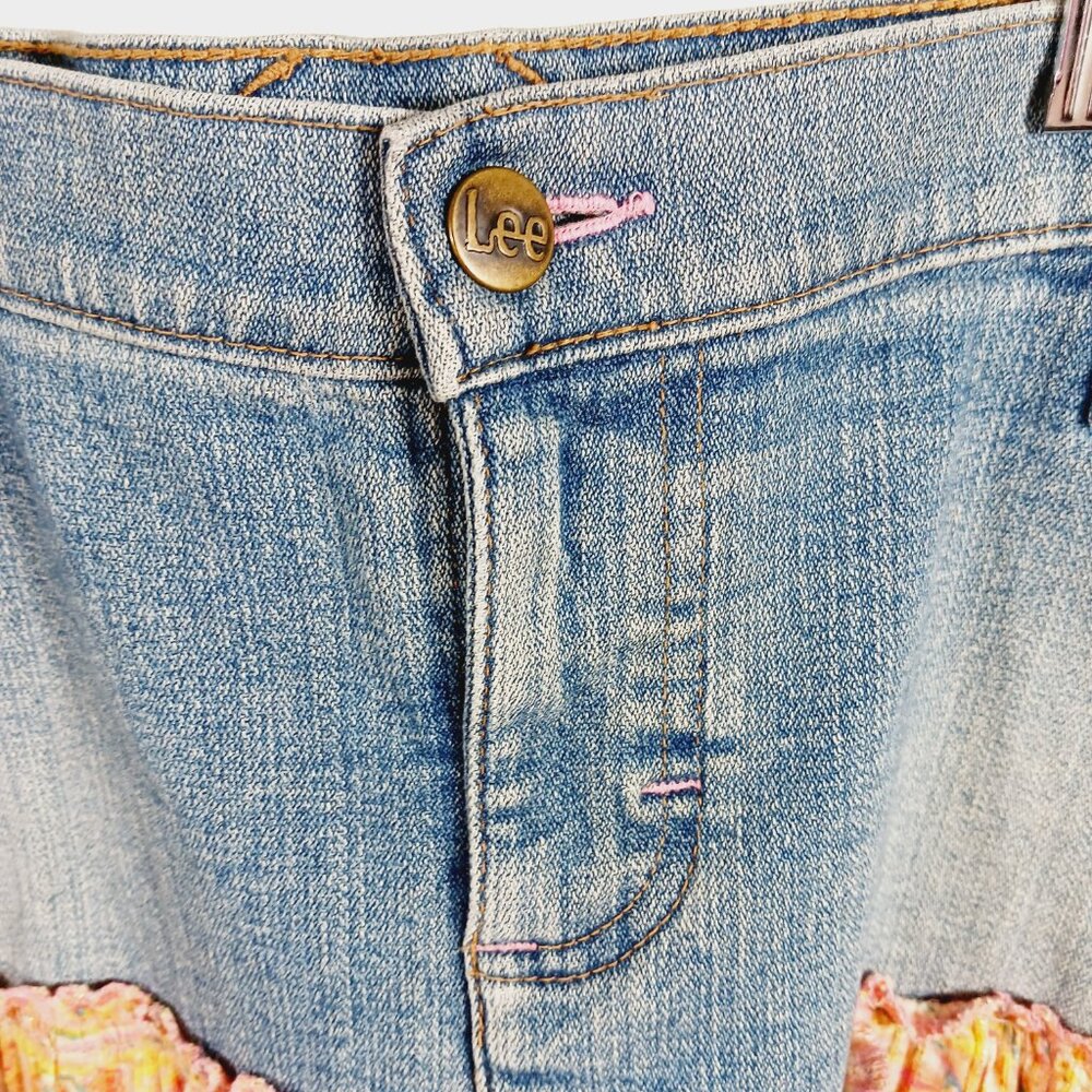 Lee, Mixed Media Midi Skirt Denim/Cotton Print, Size 9 M, Tiered Bottom, Western - Picture 8 of 16